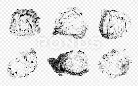 Black grunge stamp texture set with distressed circular ink shapes for desi.. PSD Template