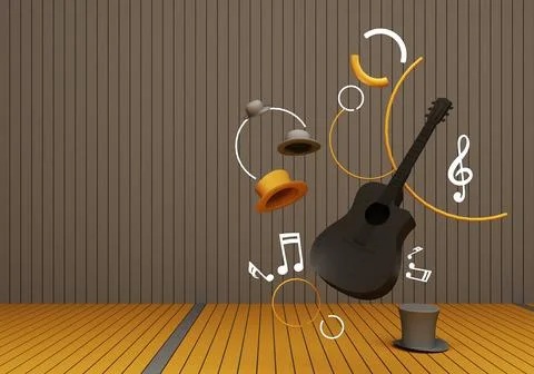 Black guitar and grey hat with music keys on a yellow floor and grey backgrou Stock Illustration