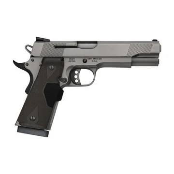 A black gun on a white background. Isolate. Stock Photos