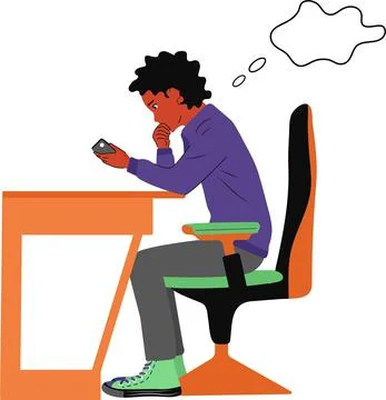 Black guy sits at a desk and looks at the phone. Vector flat illustration. Illustrazione stock