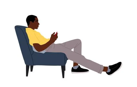 Black Guy sitting in armchair, using smart phone. Stock Illustration