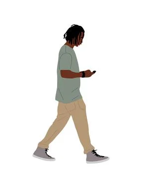 Black guy walking side view, using mobile phone. Stock Illustration