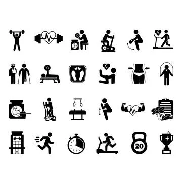 Black Gym Icon Set. Vector Illustrations Fitness, Weightlifting, Elliptical.. Stock Illustration