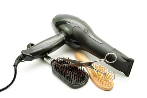 Black Hairdryer with Different Hairbrush Stock Photos