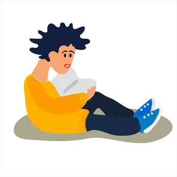 Black-haired boy reading a book vector illustration. Isolated design element Stock Illustration