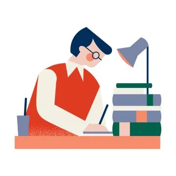 A black-haired man in glasses sitting on a table with books and working. Vector Stock Illustration