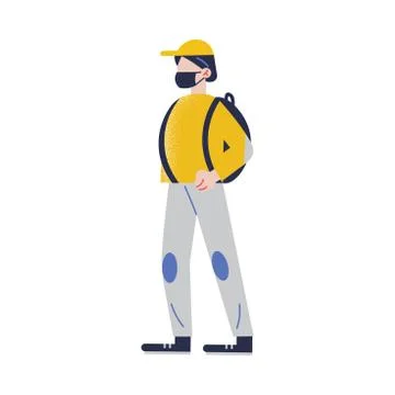 Black-haired man in a yellow cap standing with the protective medical face mask Stock Illustration