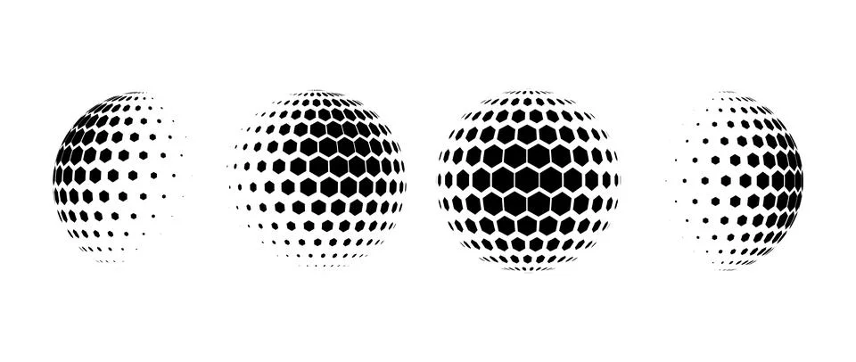 Black halftone pattern sphere collection. Hexagon wireframe 3d circle set. Grid Stock Illustration