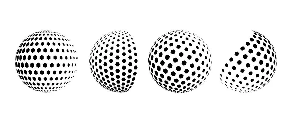 Black halftone pattern sphere collection. Hexagon wireframe 3d circle set. Grid Stock Illustration