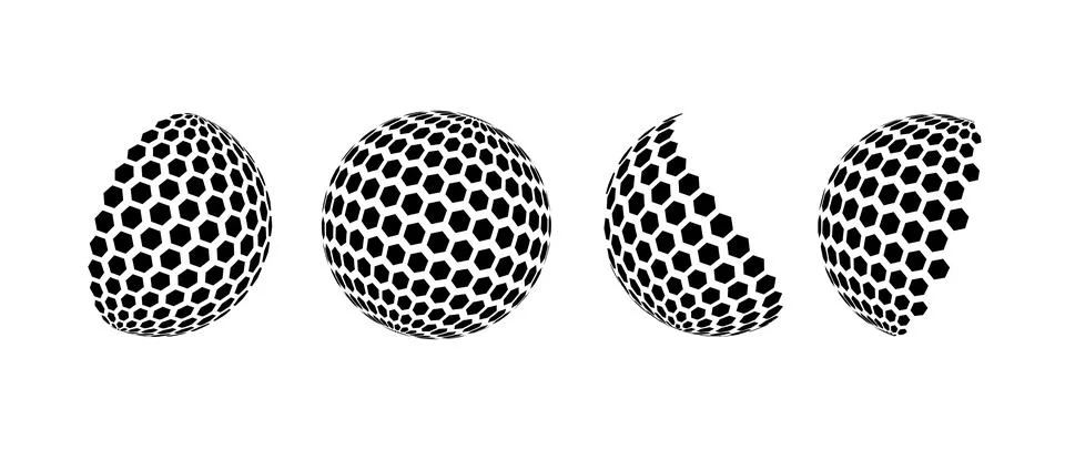 Black halftone pattern sphere set. Hexagon wireframe 3d circle collection. Grid Stock Illustration