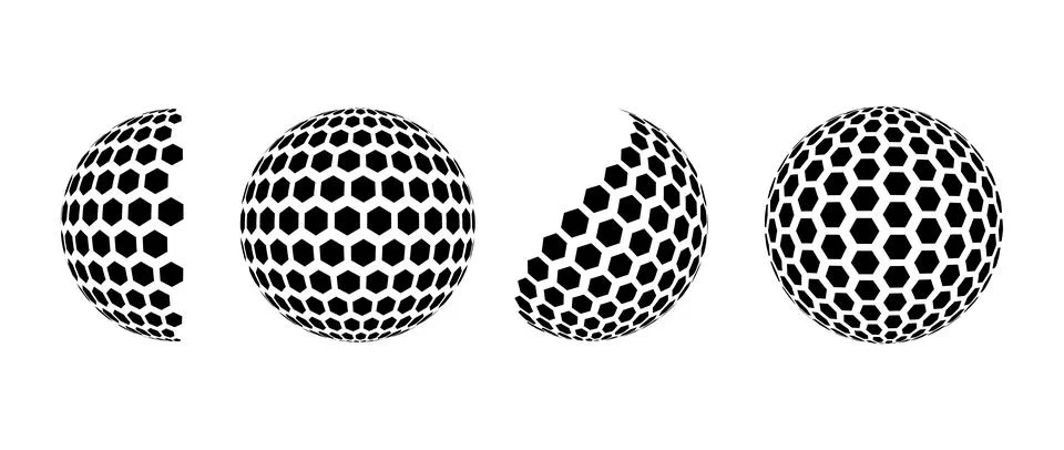 Black halftone pattern sphere set. Hexagon wireframe 3d circle collection. Grid Stock Illustration