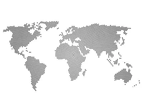 Black halftone world map of small dots in radial arrangement. Simple flat vector Stock Illustration