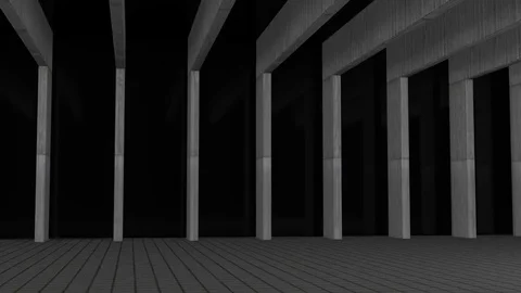 Black hall with concrete beams, camera moving along (3d rendering) Stock Footage 84596864