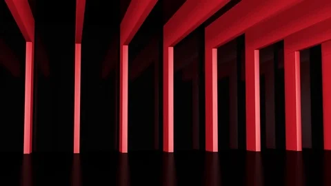 Black hall with red beams, camera moving along (3d rendering) Stock Footage 84596553