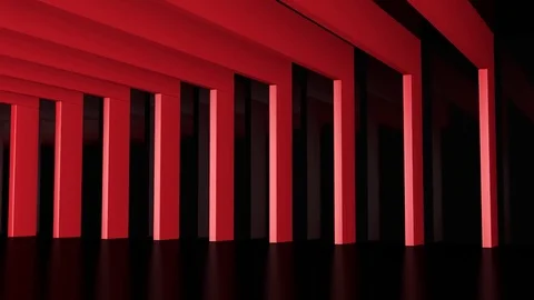 Black hall with red beams, camera moving along (3d rendering) Stock Footage 84597730