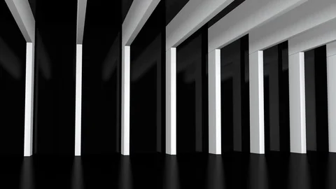 Black hall with white beams, camera moving along (3d rendering) Stock Footage 84596743