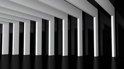 Black hall with white beams, camera moving along (3d rendering) Stock Footage 84597951