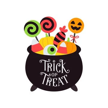 Black Halloween Cauldron With Candy Corn and Lollipops Trick or Treat Stock Illustration