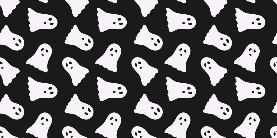 Black Halloween seamless pattern with ghost. Minimalist endless background .. Stock Illustration