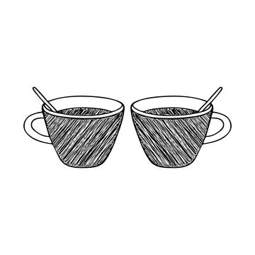 Black Hand drawing outline vector scribble illustration of a pair of cups of hot Stock Illustration