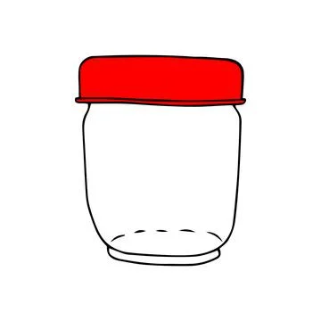 Black hand drawing vector illustration of a glass empty jar with a red lid is Illustrazione stock