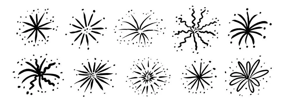 Black hand drawn firework set. Crayon doodled firecracker element collection Stock Illustration