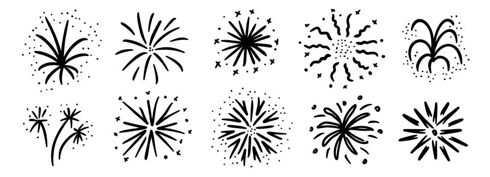 Black hand drawn firework set. Crayon doodled firecracker element collection Stock Illustration