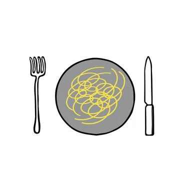 Black hand-drawn outline flat vector illustration of hot spaghetti on the pla Stock Illustration