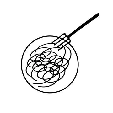 Black hand-drawn outline flat vector illustration of hot spaghetti on the pla Stock Illustration
