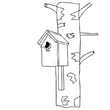 Black hand drawn outline vector illustration of A bird and a birdhouse or squ Ilustração Stock