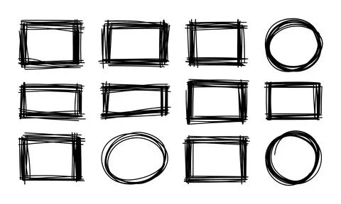 Black hand drawn rectangular and circular frames on white background Illustrazione stock