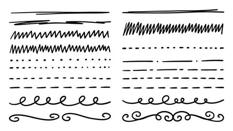Black hand drawn scribble lines and divider borders collection on transpare.. Stock Illustration