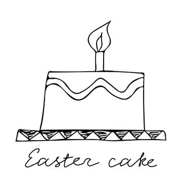 A Black hand-drawn vector illustration of an Easter cake with a burning candle Stock Illustration