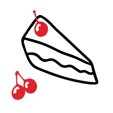 Black hand-drawn vector illustration of triangular piece of cake with a red Stock Illustration