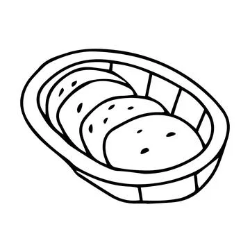 A Black hand-drawn vector illustration of sliced bread in the basket isolated Illustrazione stock