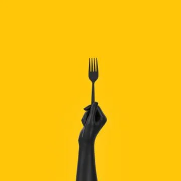 Black Hand holding fork isolated on yellow, abstract food concept banner.  3d Stock Illustration