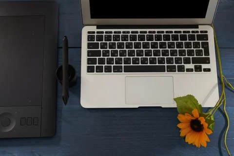 Black handle professional graphics tablet, notebook and flower Photos