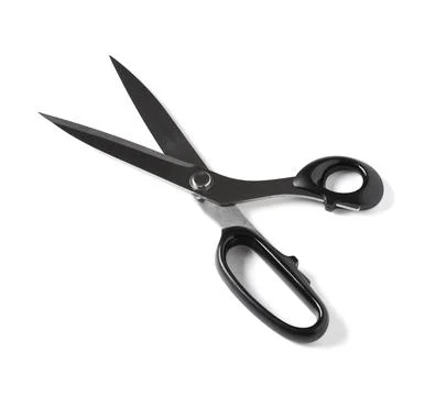 Black handled open scissors with sharp metal blades for cutting fabric or pap Stock Photos