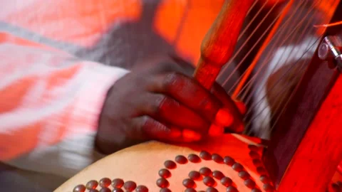 Black hands plucking the strings of kora instrument from side Stock Footage 208940729