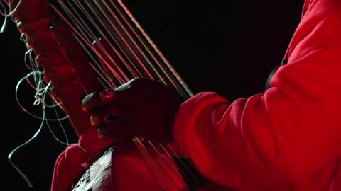 Black hands with rings plucking strings of kora instrument Video stock 208940612