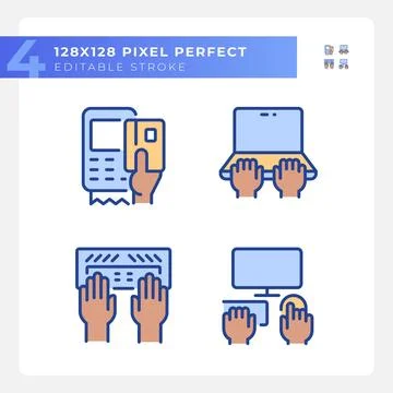 Black hands using devices pixel perfect RGB color icons set Illustrazione stock