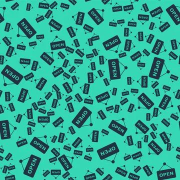 Black Hanging sign with text Open door icon isolated seamless pattern on green Stock Illustration