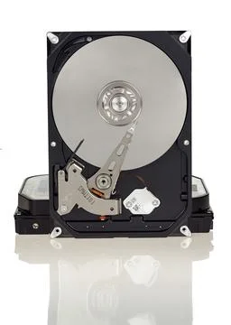 Black hard disk drive with silver disc isolated on white Stock Photos