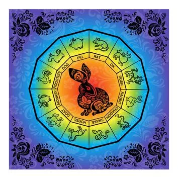 Black Hare, rabbit with flower rainbow painting, vector Stock Illustration