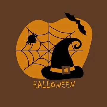 Black hat of a witch in the web. Halloween holiday. Spider and bat on an orange Stock Illustration