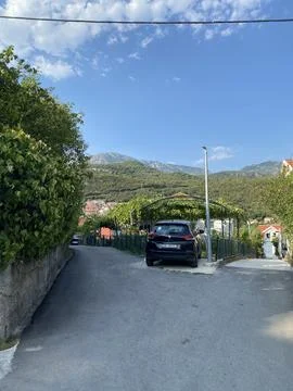 Black hatchback parked under a green vine canopy on hillside road in Montenegro Stock Photos