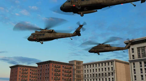 Black Hawk Helicopter fly over buildings 스톡 동영상 35567224