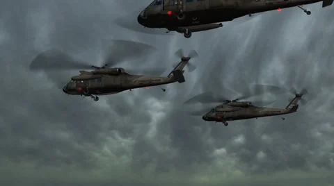 Black Hawk Helicopter fly over in stormclouds and lightning Stock-Footage 35567697