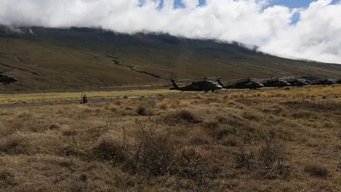 Black Hawk helicopters taking off from a field Stock Footage 114018032