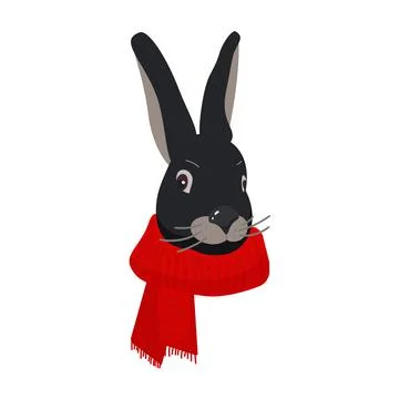 Black head of a rabbit with a red scarf on a white background. Symbol of the Stock Illustration